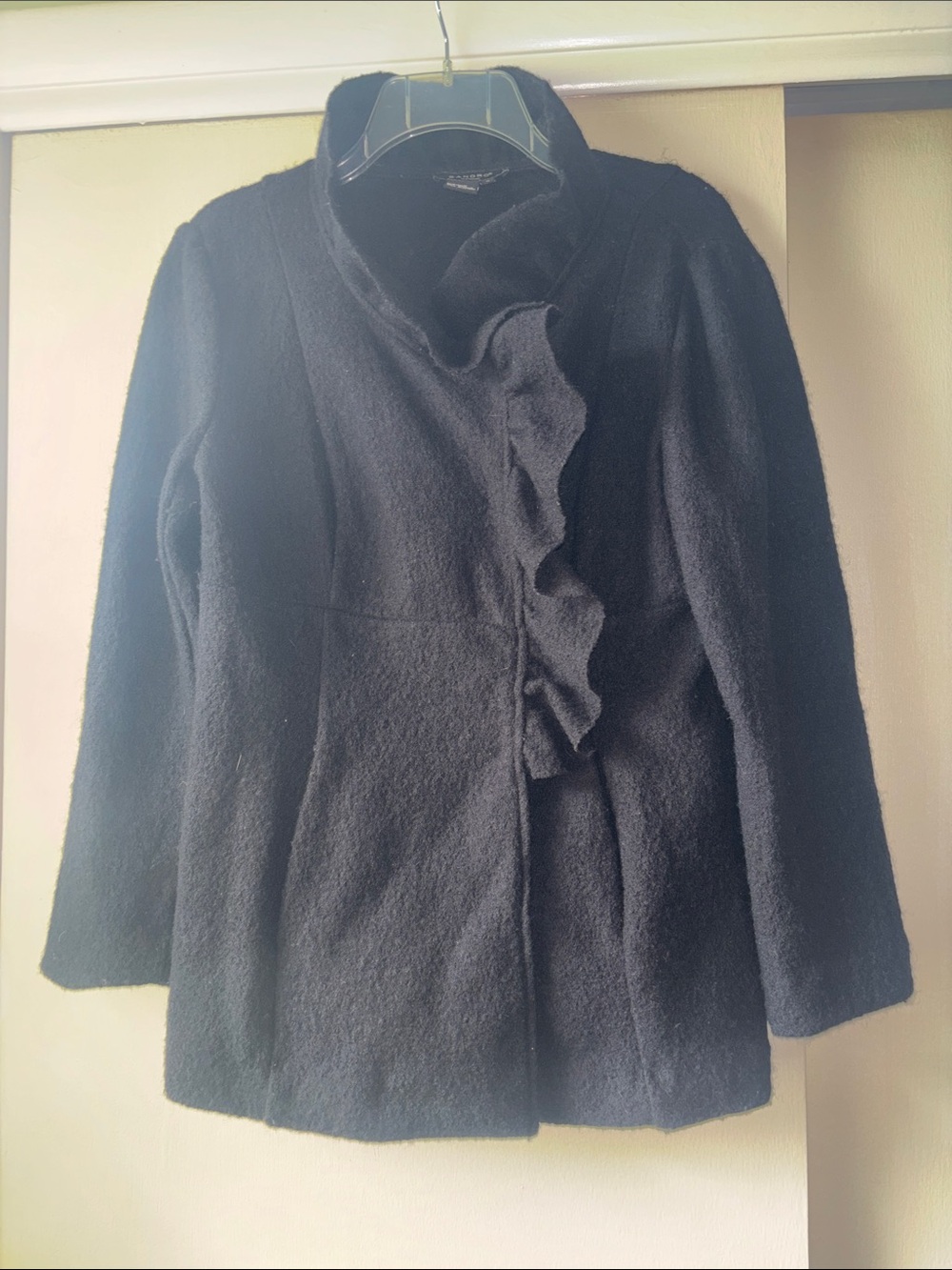 Sandro Black Wool Ruffle-Front Snap Jacket w/Pockets